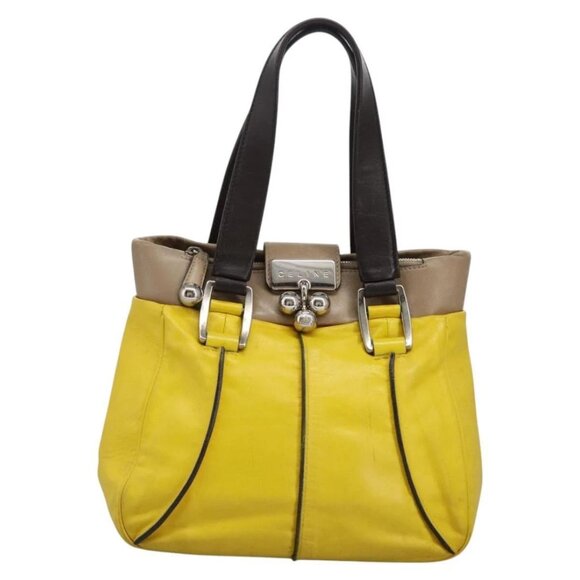 CELINE Hand Bag Leather Yellow Brown Silver Auth - Picture 1 of 16